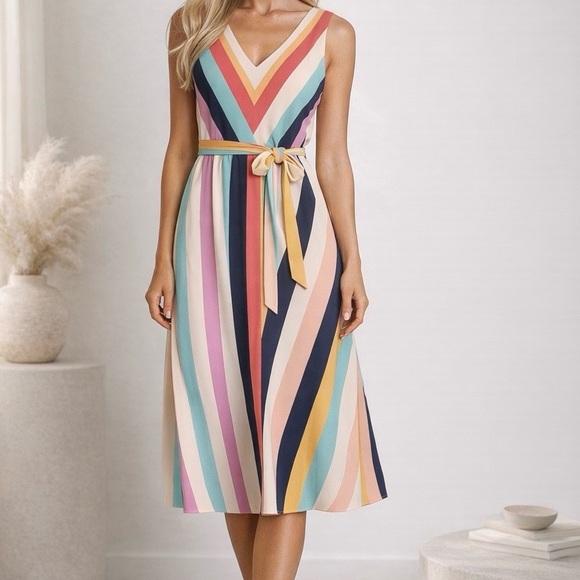 R&K Vibrant V-Neck Striped Midi Dress *NEW* Thanksgiving Fall Autumn - Picture 1 of 6